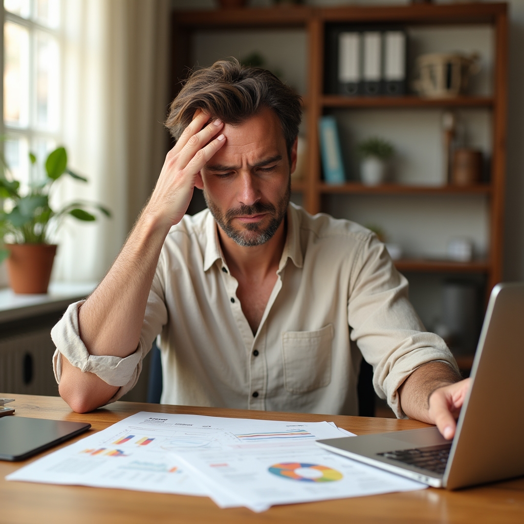 Agency owner reviewing project documents at a wooden desk