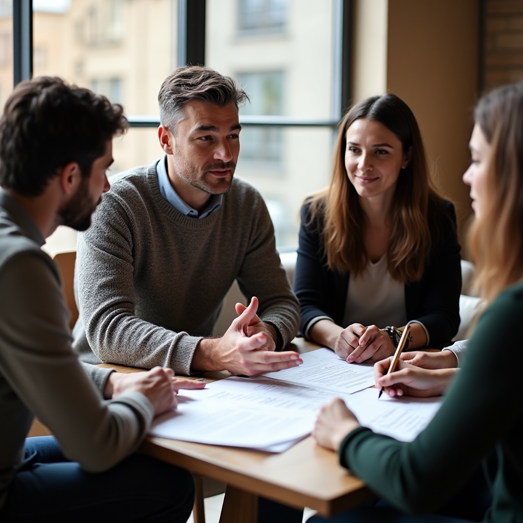 Group of agency owners discussing client handoff documents around a table