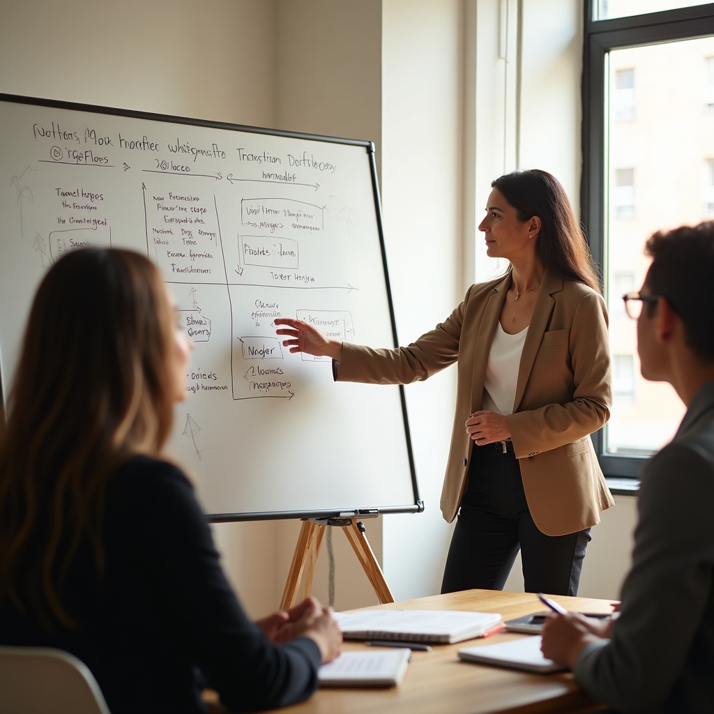 Program facilitator explaining a process diagram on a whiteboard to agency owners