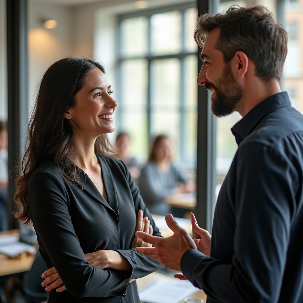 Two agency owners in a one on one strategy conversation during a break
